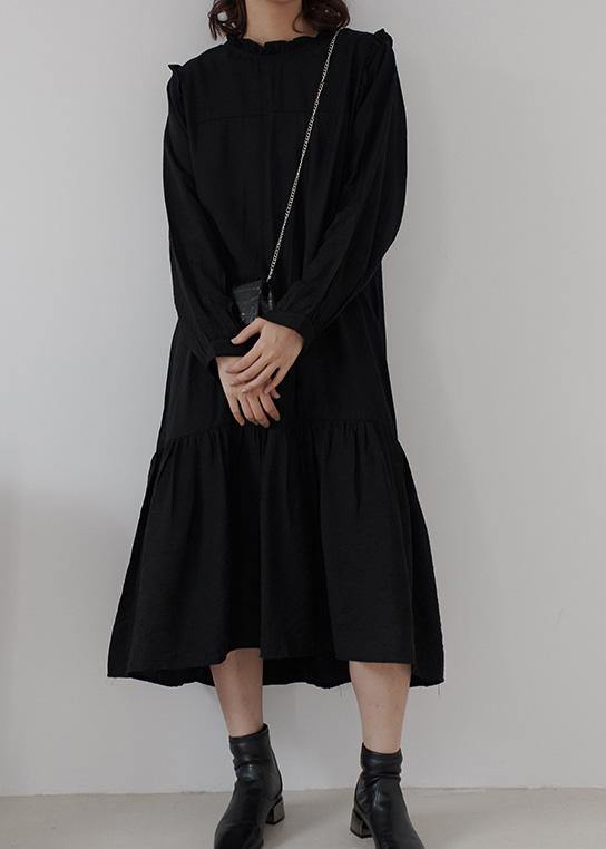 Ruffles Cotton Stand Collar Tunics for Photography Black Loose Dress