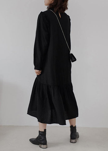 Ruffles Cotton Stand Collar Tunics for Photography Black Loose Dress