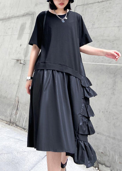 Ruffles Cotton Summer Outfit Work Black Patchwork Cotton Dresses