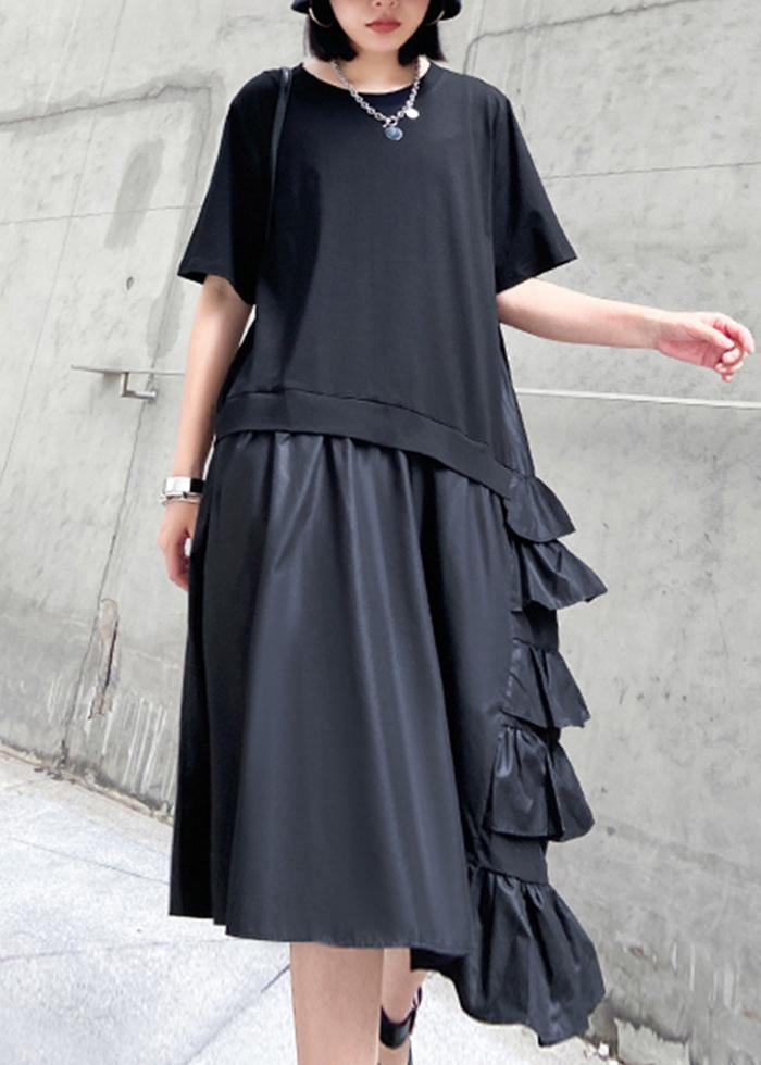 Ruffles Cotton Summer Outfit Work Black Patchwork Cotton Dresses