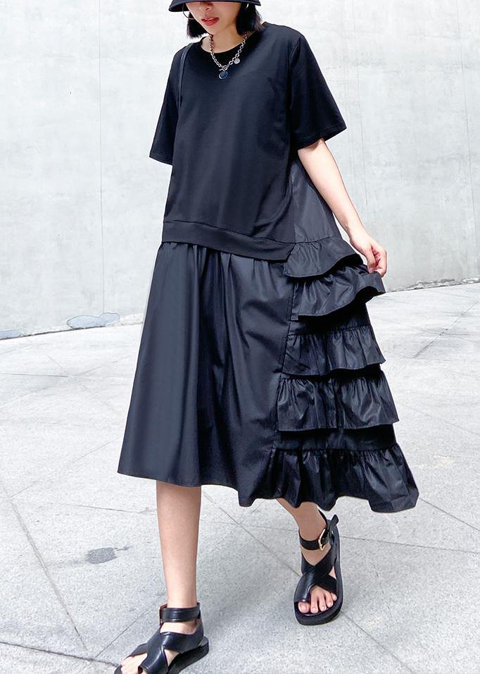 Ruffles Cotton Summer Outfit Work Black Patchwork Cotton Dresses
