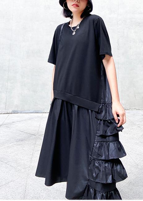 Ruffles Cotton Summer Outfit Work Black Patchwork Cotton Dresses