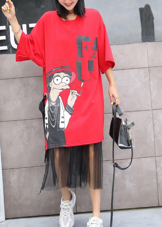 Short Sleeve Cotton Dresses Sleeve Red Prints Dress Summer