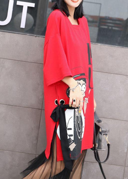 Short Sleeve Cotton Dresses Sleeve Red Prints Dress Summer