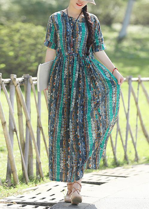 Short Sleeve Linen Prints Dresses Pattern Green Traveling Dress Summer