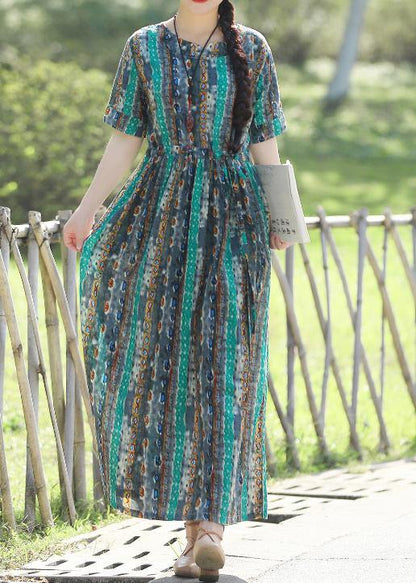 Short Sleeve Linen Prints Dresses Pattern Green Traveling Dress Summer