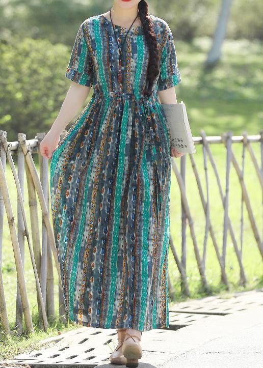 Short Sleeve Linen Prints Dresses Pattern Green Traveling Dress Summer