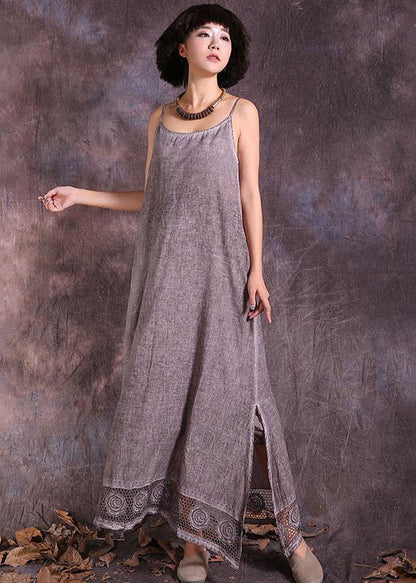 Side Open Linen Dress Fabrics Khaki Sleeveless Dresses Summer