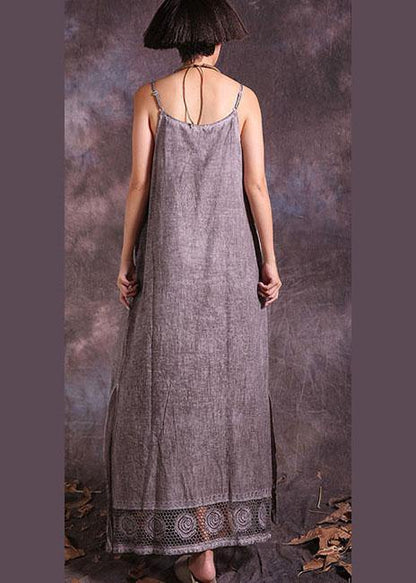Side Open Linen Dress Fabrics Khaki Sleeveless Dresses Summer