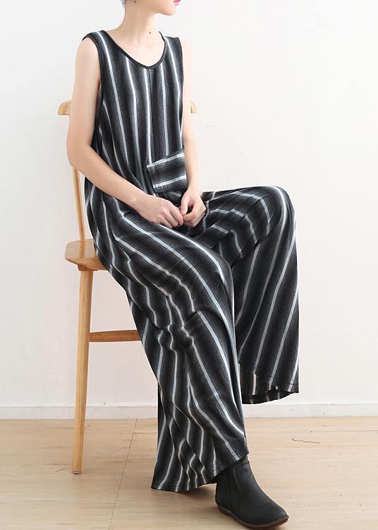 Sleeveless Big Pockets Cotton Quilting Pants Sleeveless Black Striped Jumpsuit Pants Summer