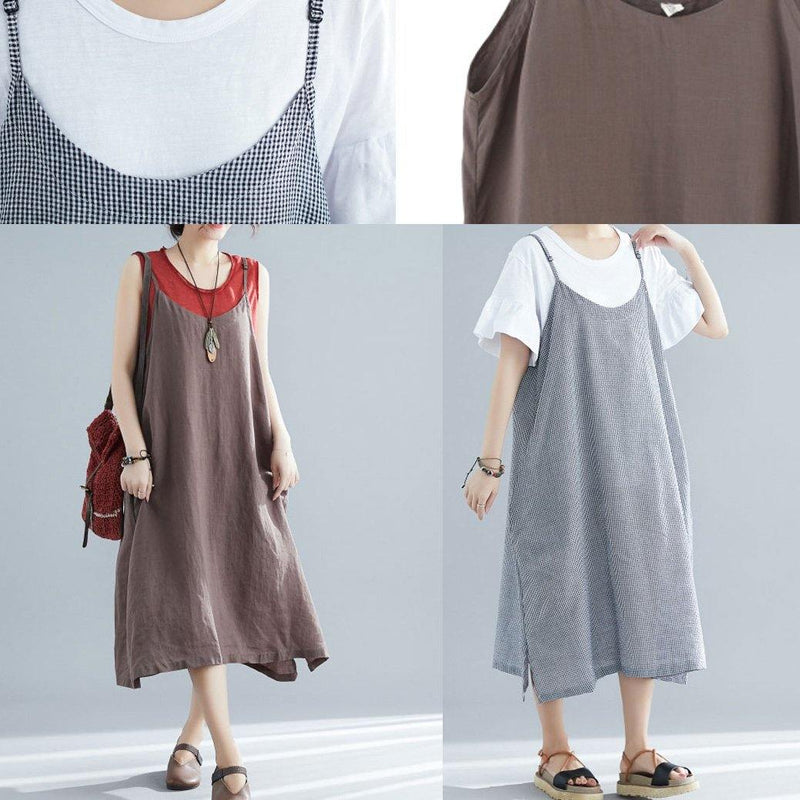 Sleeveless Cotton Clothes for Tunic Tops Plaid a Line Dresses Summer