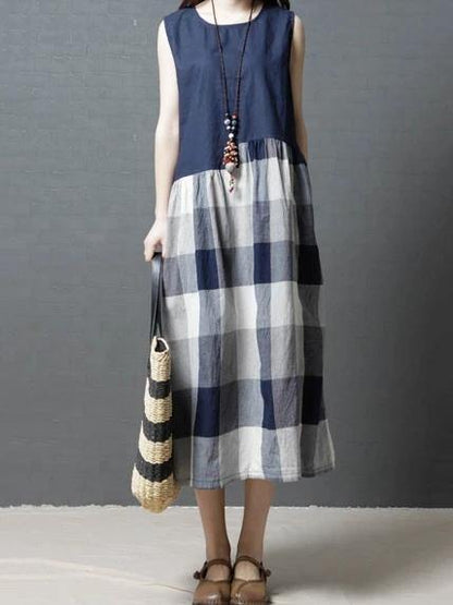 Sleeveless Linen Clothes for Wardrobes Blue Patchwork Plaid Dresses
