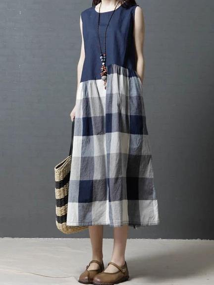 Sleeveless Linen Clothes for Wardrobes Blue Patchwork Plaid Dresses