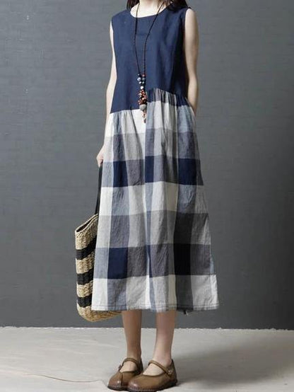 Sleeveless Linen Clothes for Wardrobes Blue Patchwork Plaid Dresses