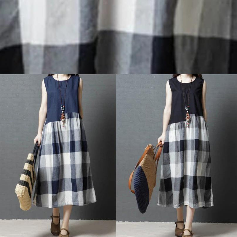 Sleeveless Linen Clothes for Wardrobes Blue Patchwork Plaid Dresses