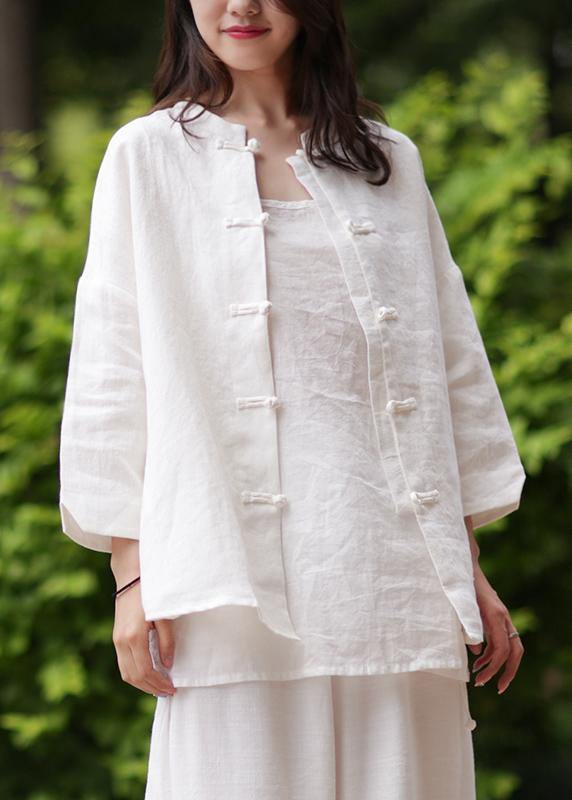 Stand Collar Chinese Button Cotton Blouse White Silhouette Blouse