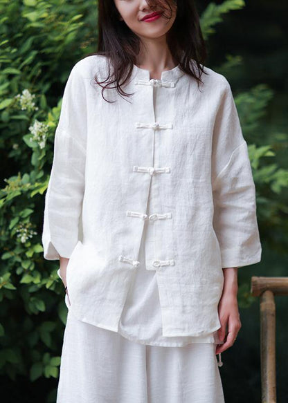 Stand Collar Chinese Button Cotton Blouse White Silhouette Blouse