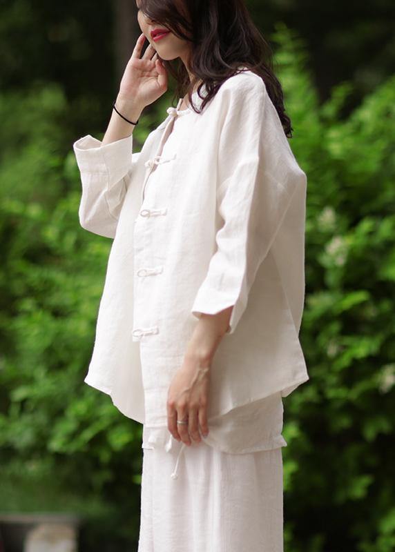 Stand Collar Chinese Button Cotton Blouse White Silhouette Blouse