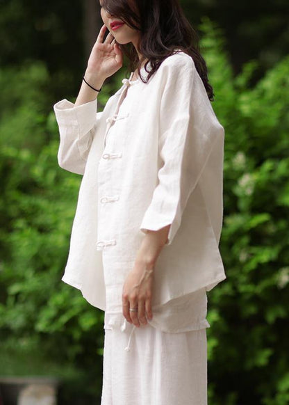 Stand Collar Chinese Button Cotton Blouse White Silhouette Blouse