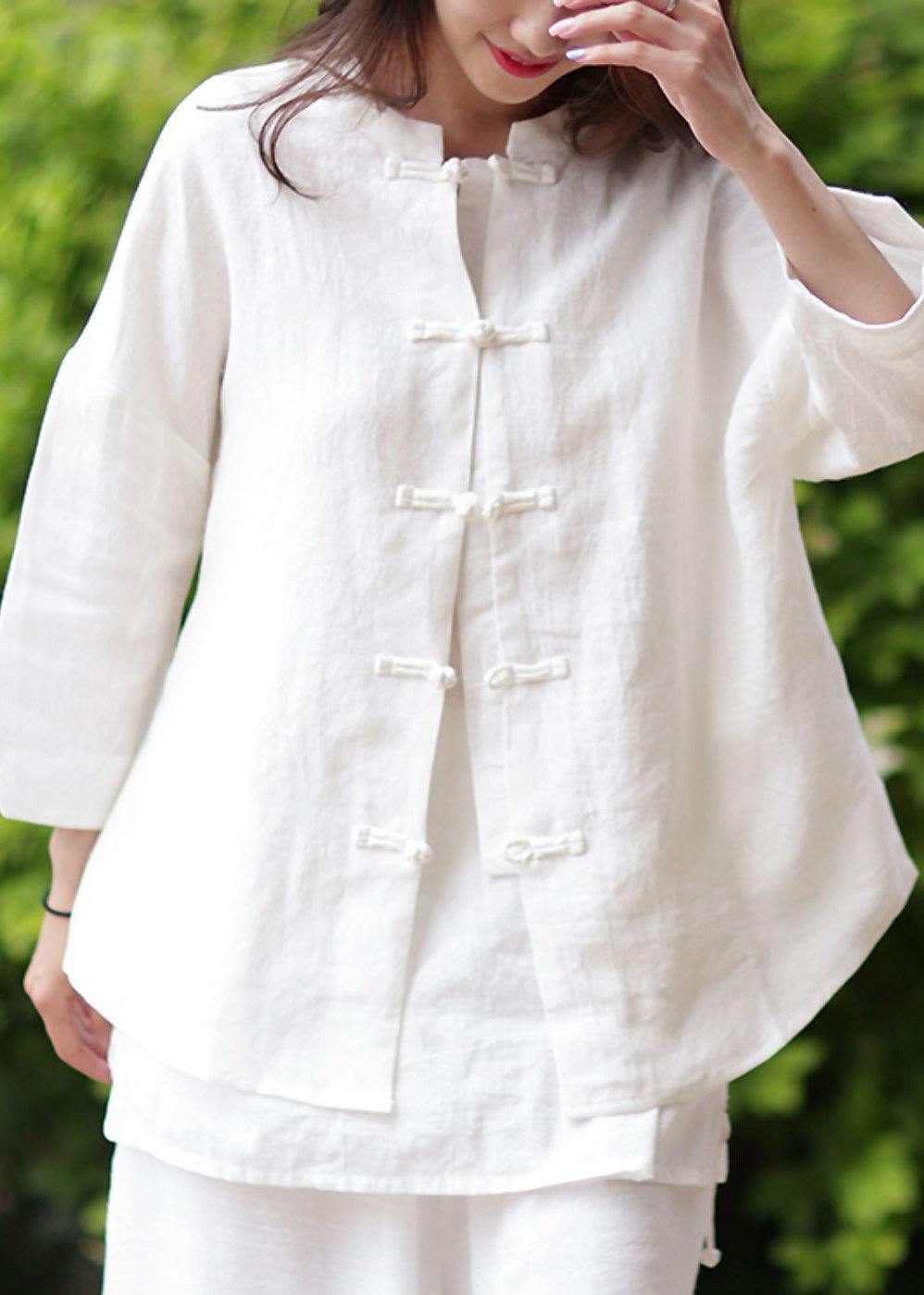 Stand Collar Chinese Button Cotton Blouse White Silhouette Blouse