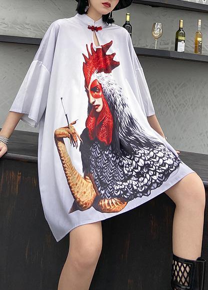 Stand Collar Cotton Summerclothes Sleeve White Print Dress
