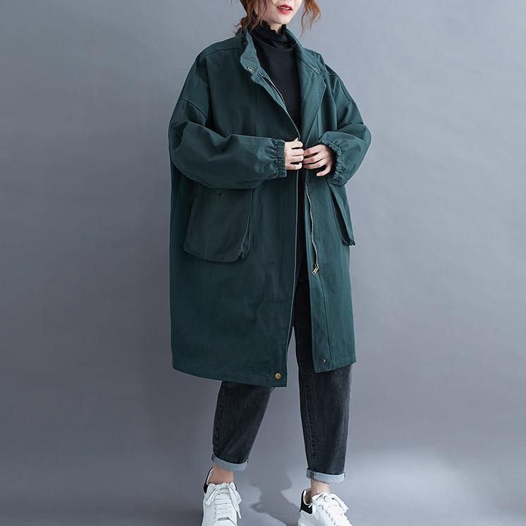 Stand Collar Large Pockets Maxi Coat Green Midi Coat