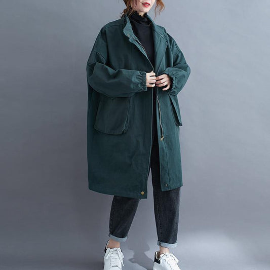 Stand Collar Large Pockets Maxi Coat Green Midi Coat