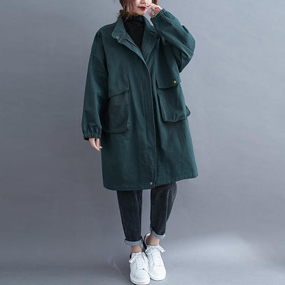 Stand Collar Large Pockets Maxi Coat Green Midi Coat
