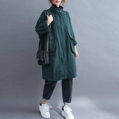 Stand Collar Large Pockets Maxi Coat Green Midi Coat