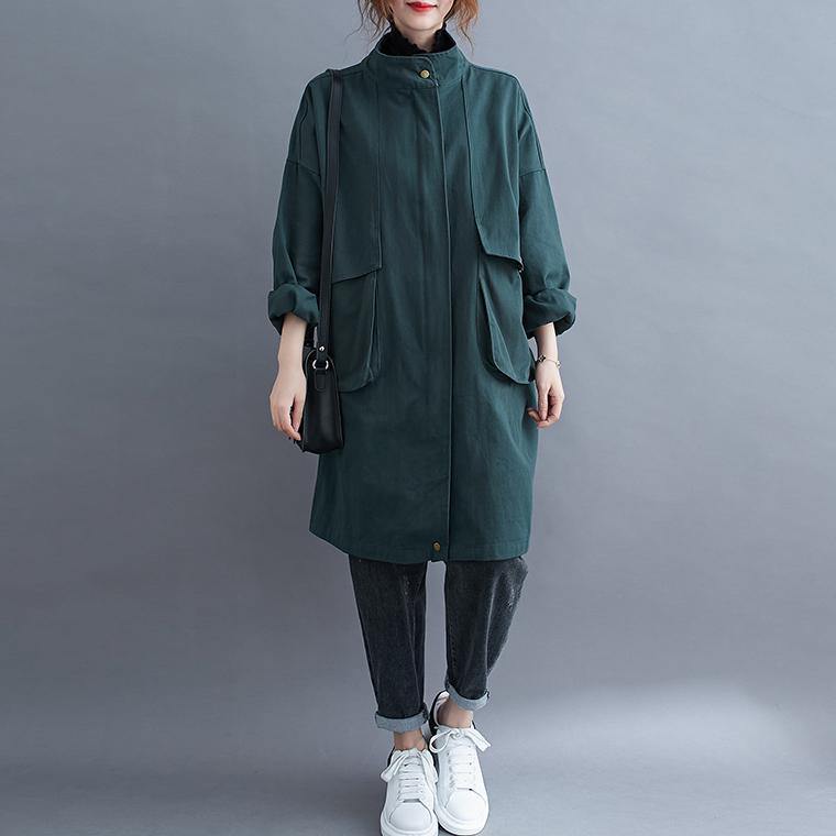 Stand Collar Large Pockets Maxi Coat Green Midi Coat