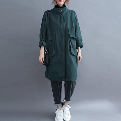 Stand Collar Large Pockets Maxi Coat Green Midi Coat