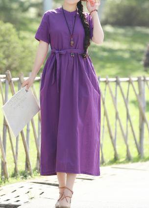 Stand Collar Cotton Dresses Linen Purple Dresses Summer