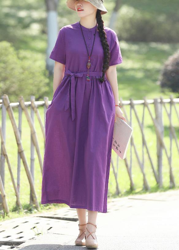 Stand Collar Cotton Dresses Linen Purple Dresses Summer