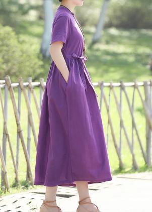 Stand Collar Cotton Dresses Linen Purple Dresses Summer