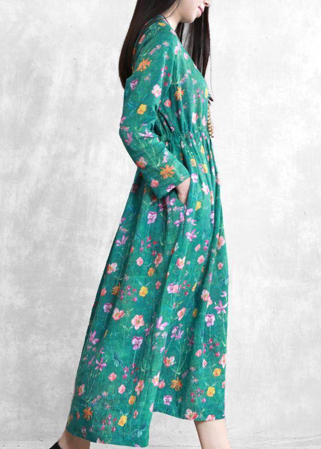 Stand Collar Drawstring Linen Clothes Online Shopping Green Print Dress