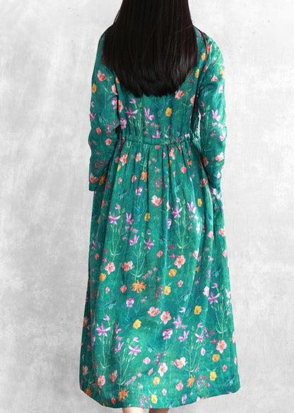 Stand Collar Drawstring Linen Clothes Online Shopping Green Print Dress