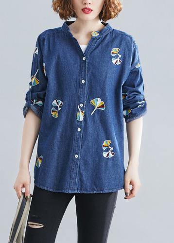 Stand Collar Embroidery Cotton Spring Clothes for Outfits Dark Blue Blouse