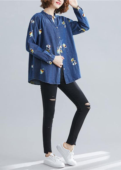 Women stand collar embroidery cotton spring clothes For Women Outfits dark blue blouse