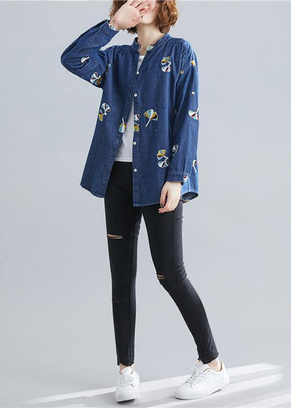 Women stand collar embroidery cotton spring clothes For Women Outfits dark blue blouse