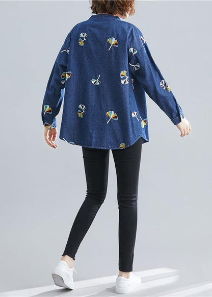 Women stand collar embroidery cotton spring clothes For Women Outfits dark blue blouse