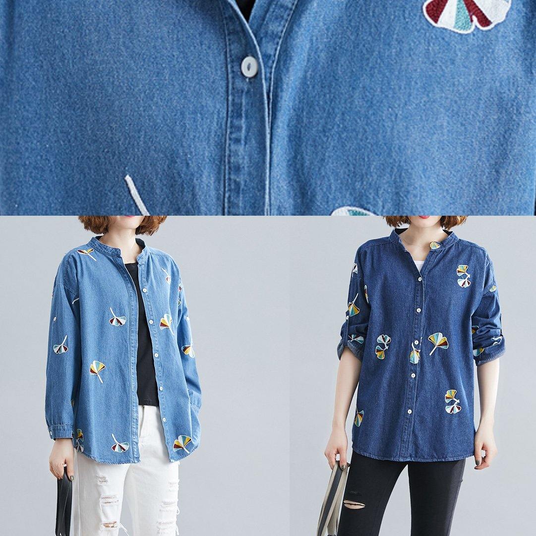 Women stand collar embroidery cotton spring clothes For Women Outfits dark blue blouse