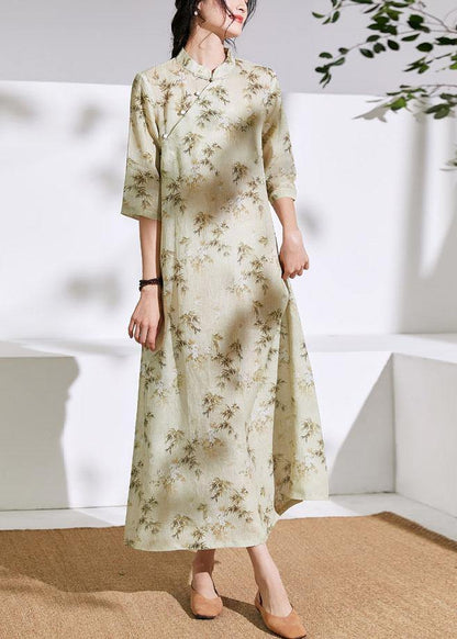 Stand Collar Half Sleeve Linen Dress Fabrics Light Yellow Print Dress