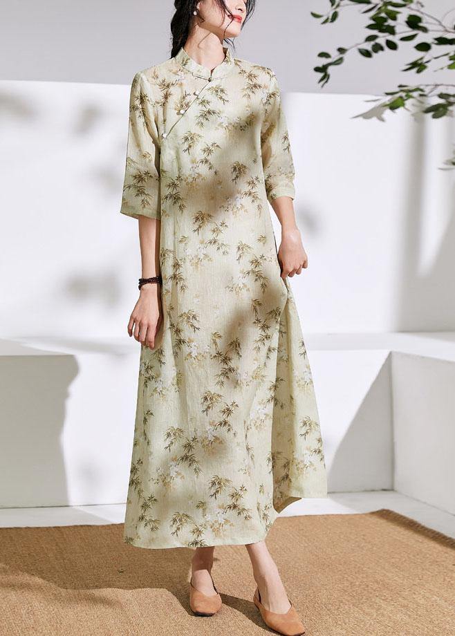 Stand Collar Half Sleeve Linen Dress Fabrics Light Yellow Print Dress