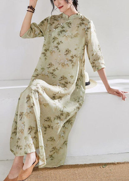 Stand Collar Half Sleeve Linen Dress Fabrics Light Yellow Print Dress