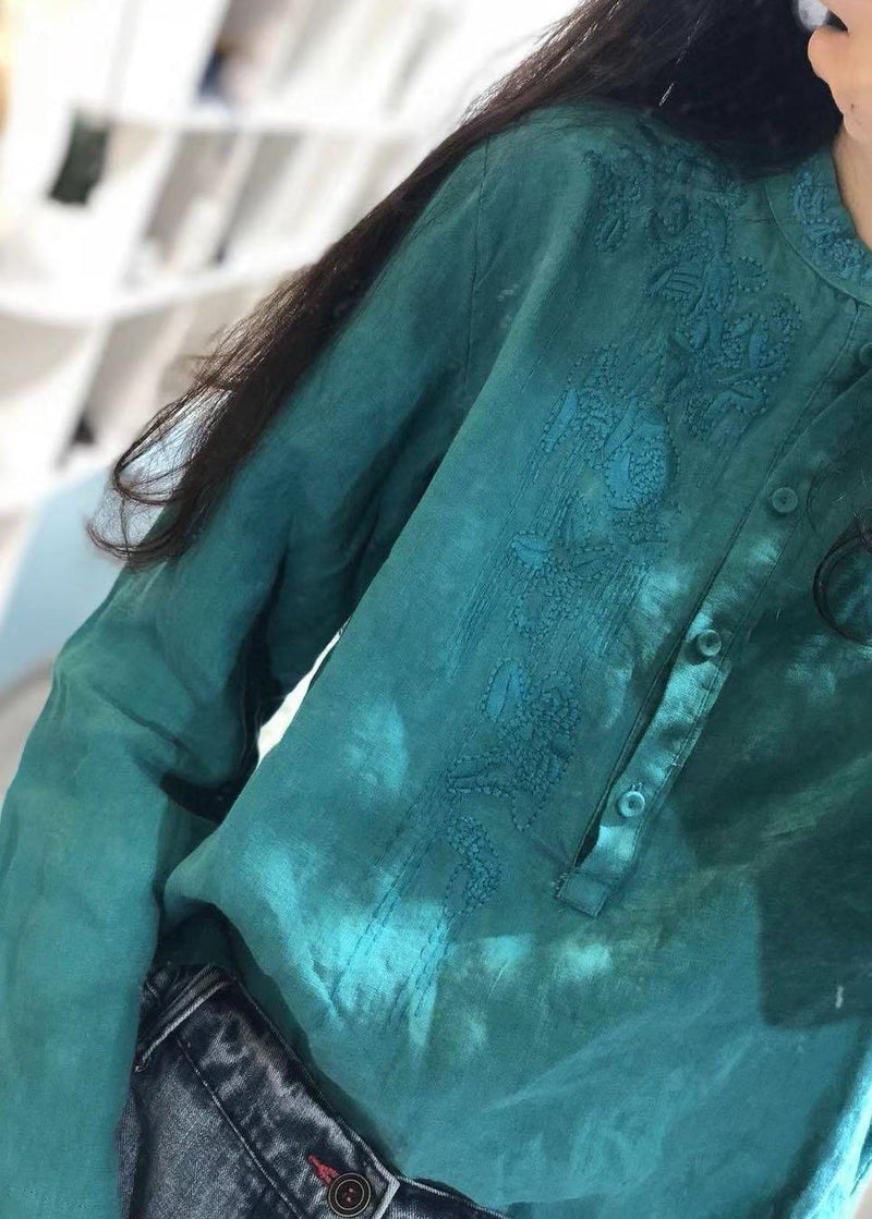 Stand Collar Linen Clothes Shape Black Embroidery Tops Fall