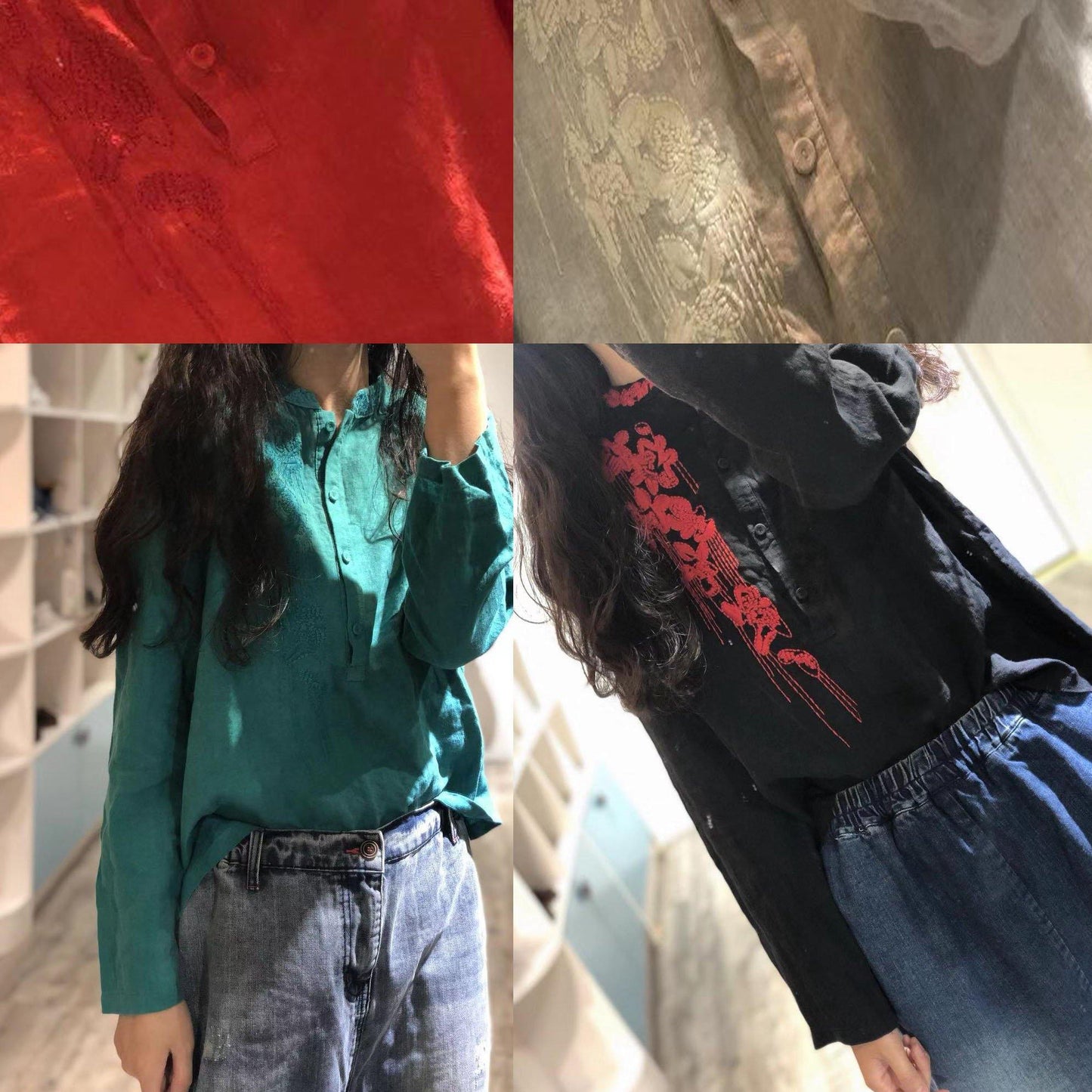 Women stand collar linen clothes Shape black embroidery tops fall