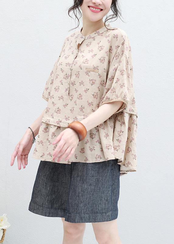 Stand Collar Nude Prints Linen Top Silhouette Design Half Sleeve Blouses Summer