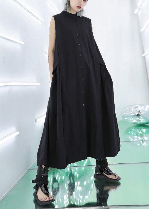 Stand Collar Pockets Cotton Summer Dresses Sewing Black Long Dresses