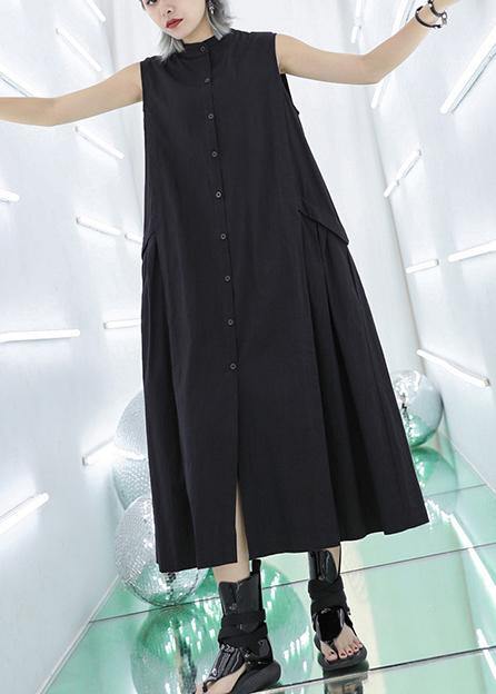 Stand Collar Pockets Cotton Summer Dresses Sewing Black Long Dresses