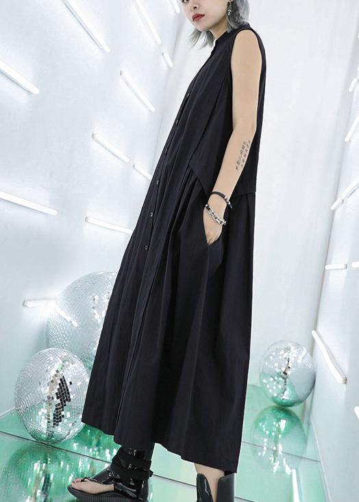Stand Collar Pockets Cotton Summer Dresses Sewing Black Long Dresses
